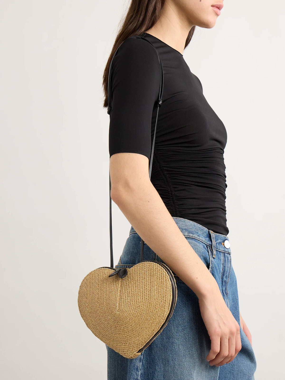 Image of Bags. Product name - Le Coeur Leather-trimmed Raffia Shoulder Bag in Beige colour by brand - Alaïa