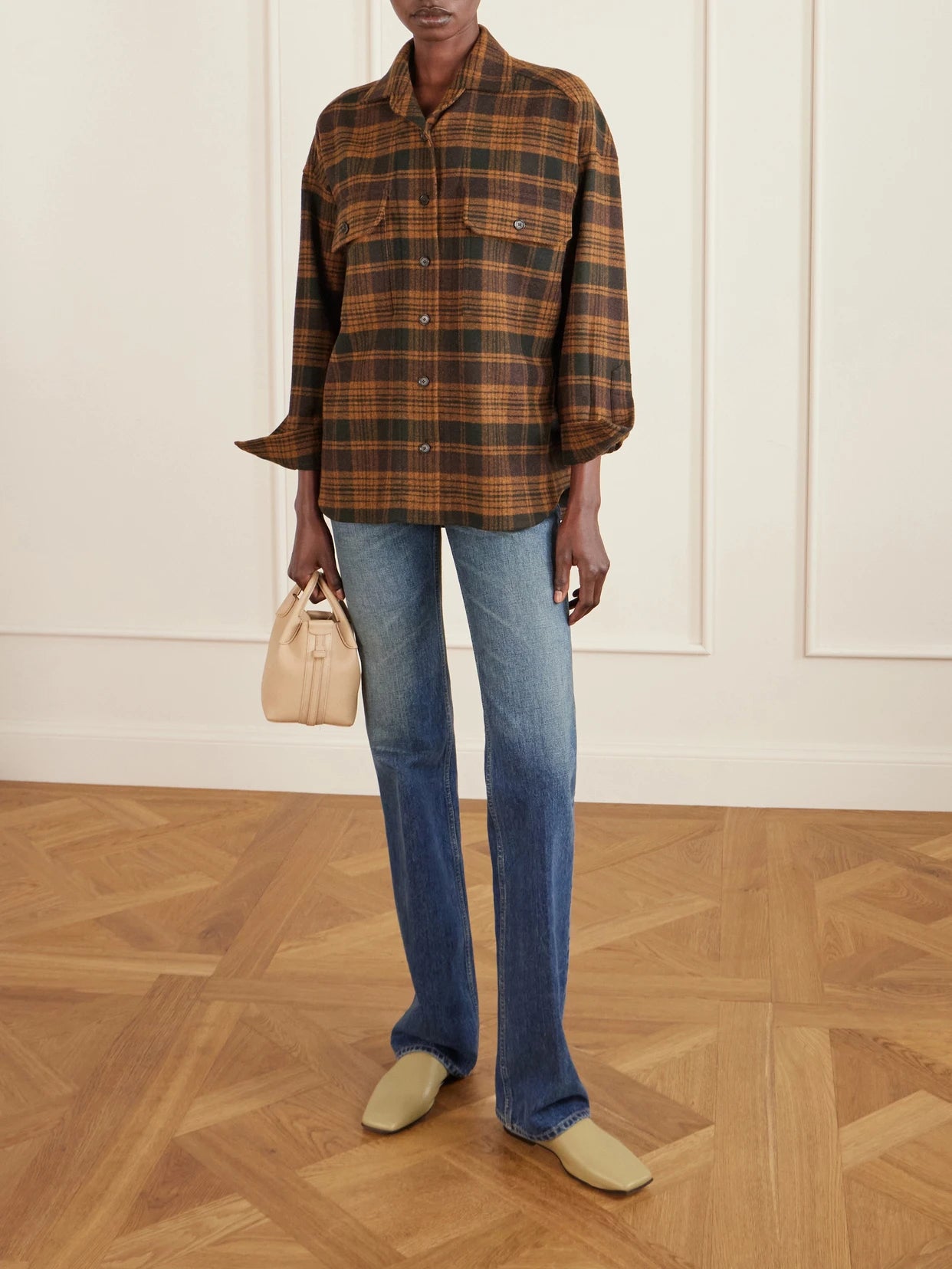 Image of a model wearing Tops. Product name - Darby Checked Wool And Cashmere-blend Shirt in Dark brown colour by brand - Loro Piana
