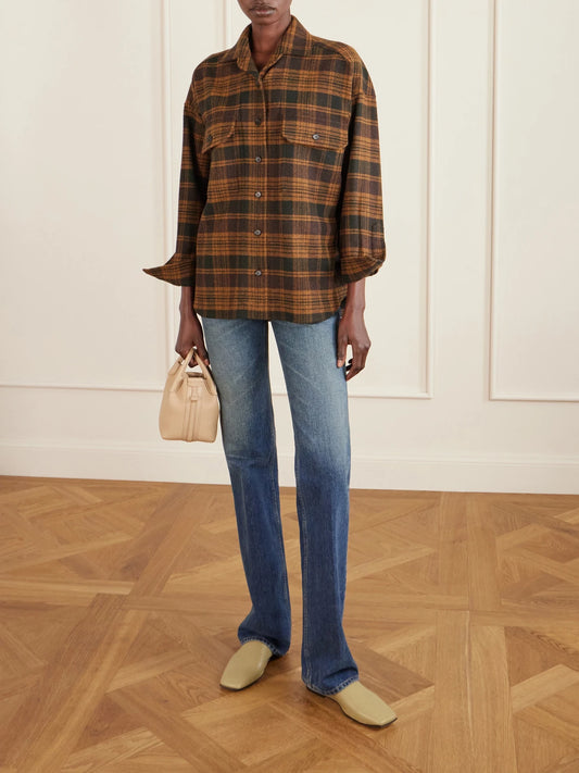 Image of a model wearing Tops. Product name - Darby Checked Wool And Cashmere-blend Shirt in Dark brown colour by brand - Loro Piana