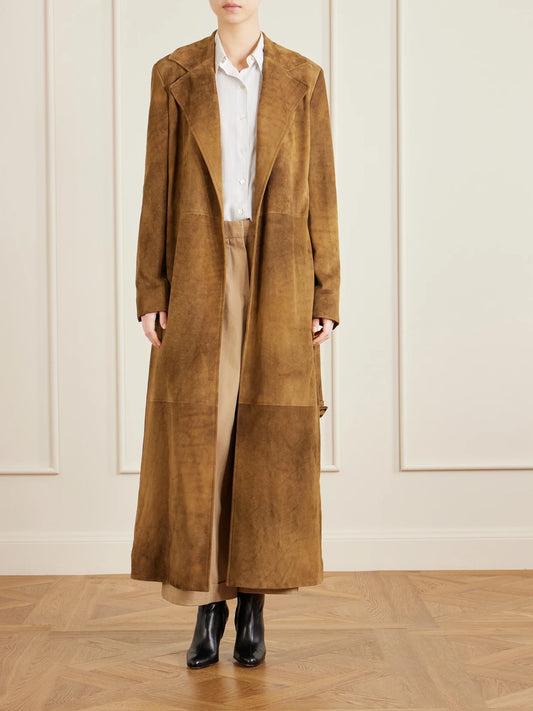 Image of Coats & Jackets. Product name - Raisa Belted Suede Trench Coat in Tan colour by brand - The Row
