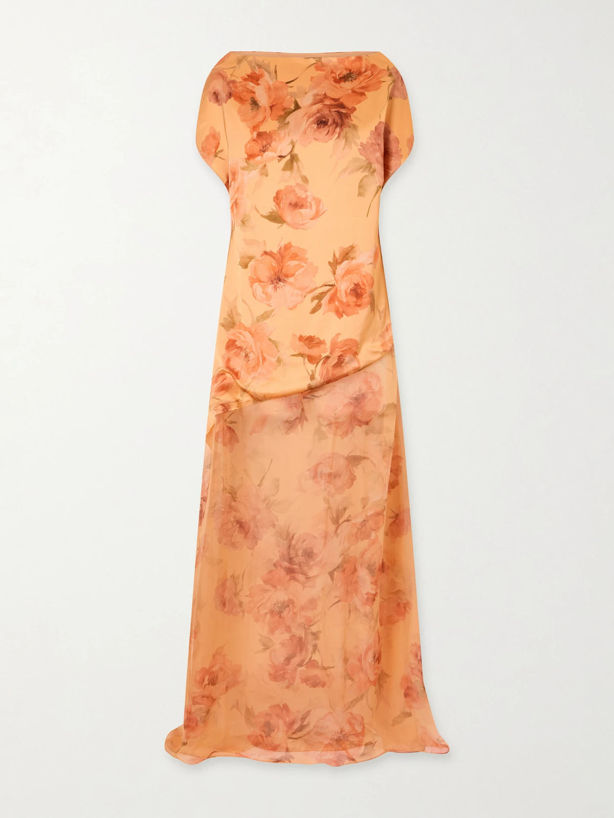 Floral-print Chiffon-trimmed Satin Gown