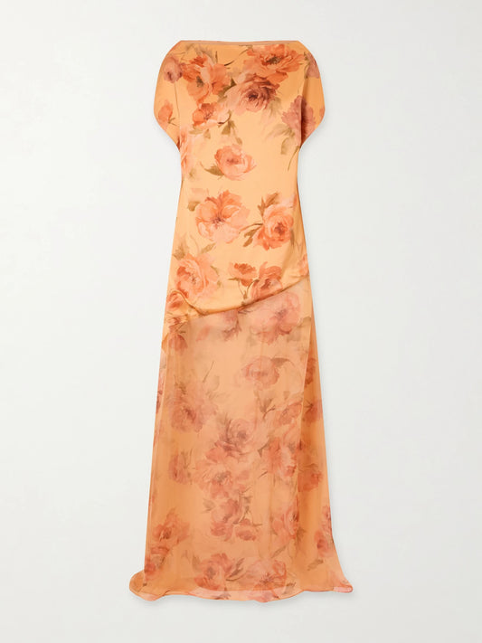 Floral-print Chiffon-trimmed Satin Gown