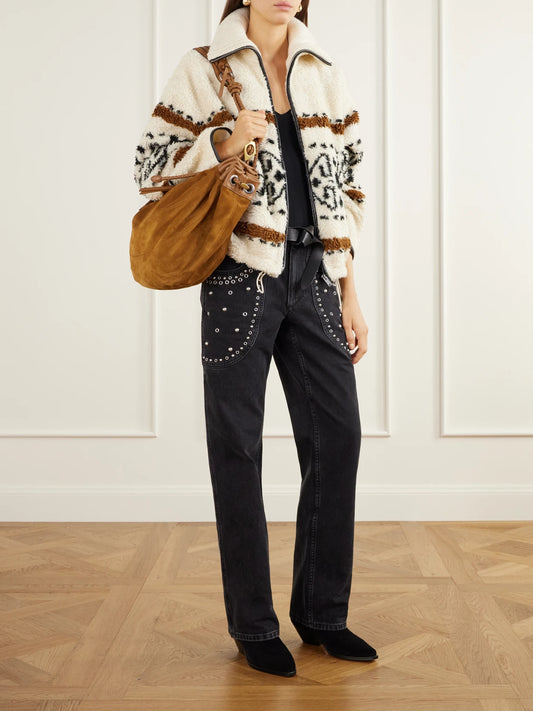 Image of Coats & Jackets. Product name - Lijka Intarsia-knit Rib-trimmed Fleece Jacket in Ecru colour by brand - MARANT ÉTOILE
