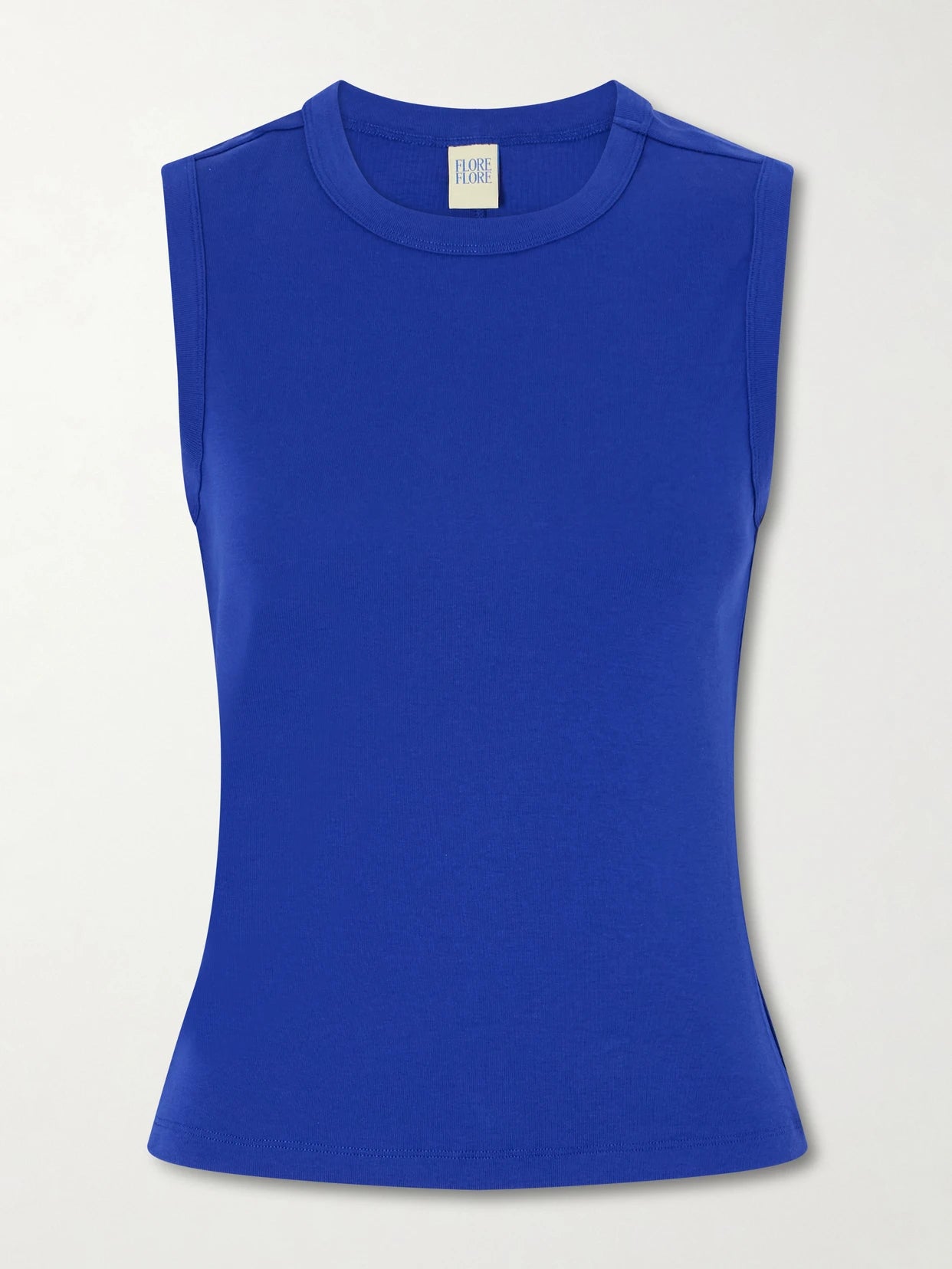 Image of a model wearing Tops. Product name - Esmé Ribbed Organic Cotton-jersey Tank in Blue colour by brand - FLORE FLORE