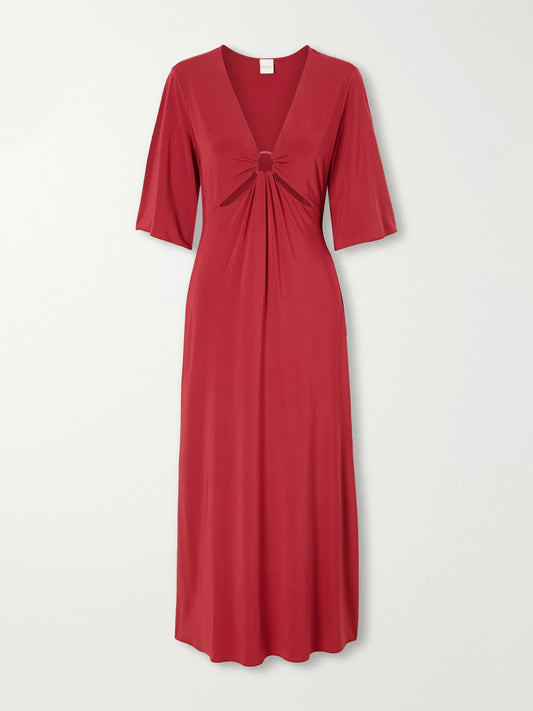 Image of Dresses. Product name - Beachwear Ruched Cut-out Stretch-jersey Maxi Dress in Burgundy colour by brand - Max Mara
