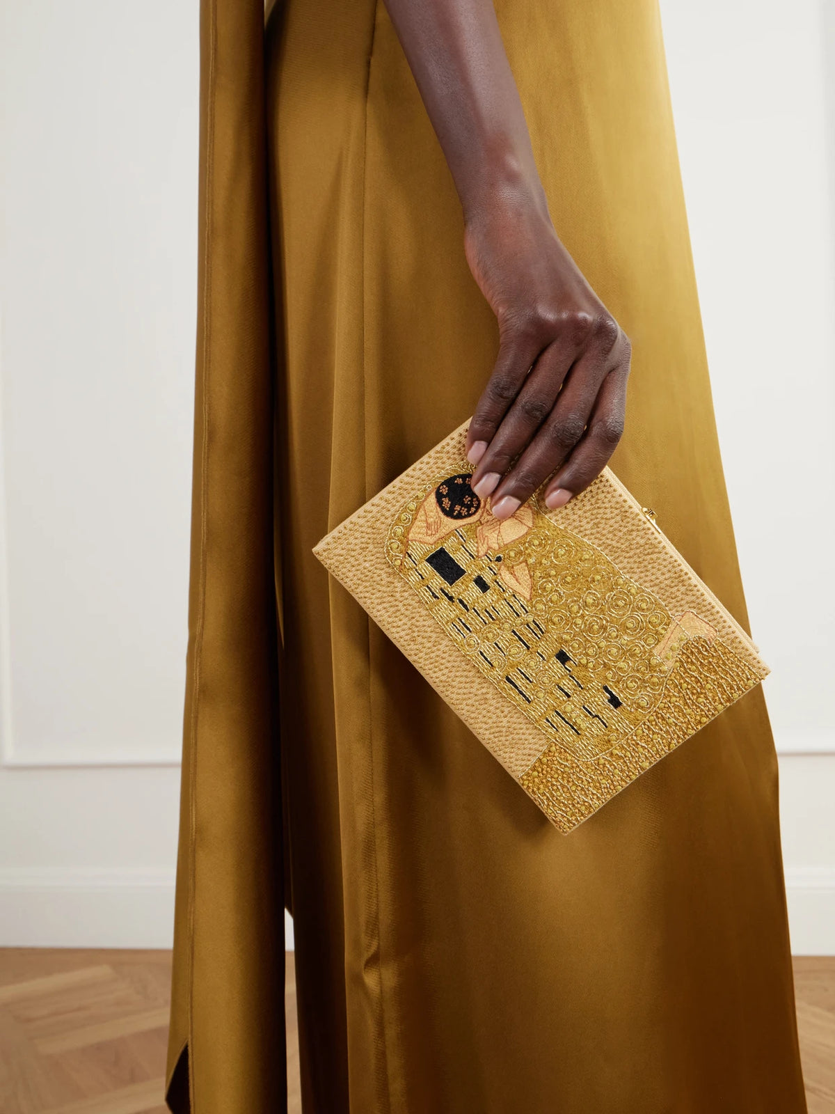 Image of Bags. Product name - The Kiss Embroidered Canvas Clutch in Gold colour by brand - Olympia Le-Tan