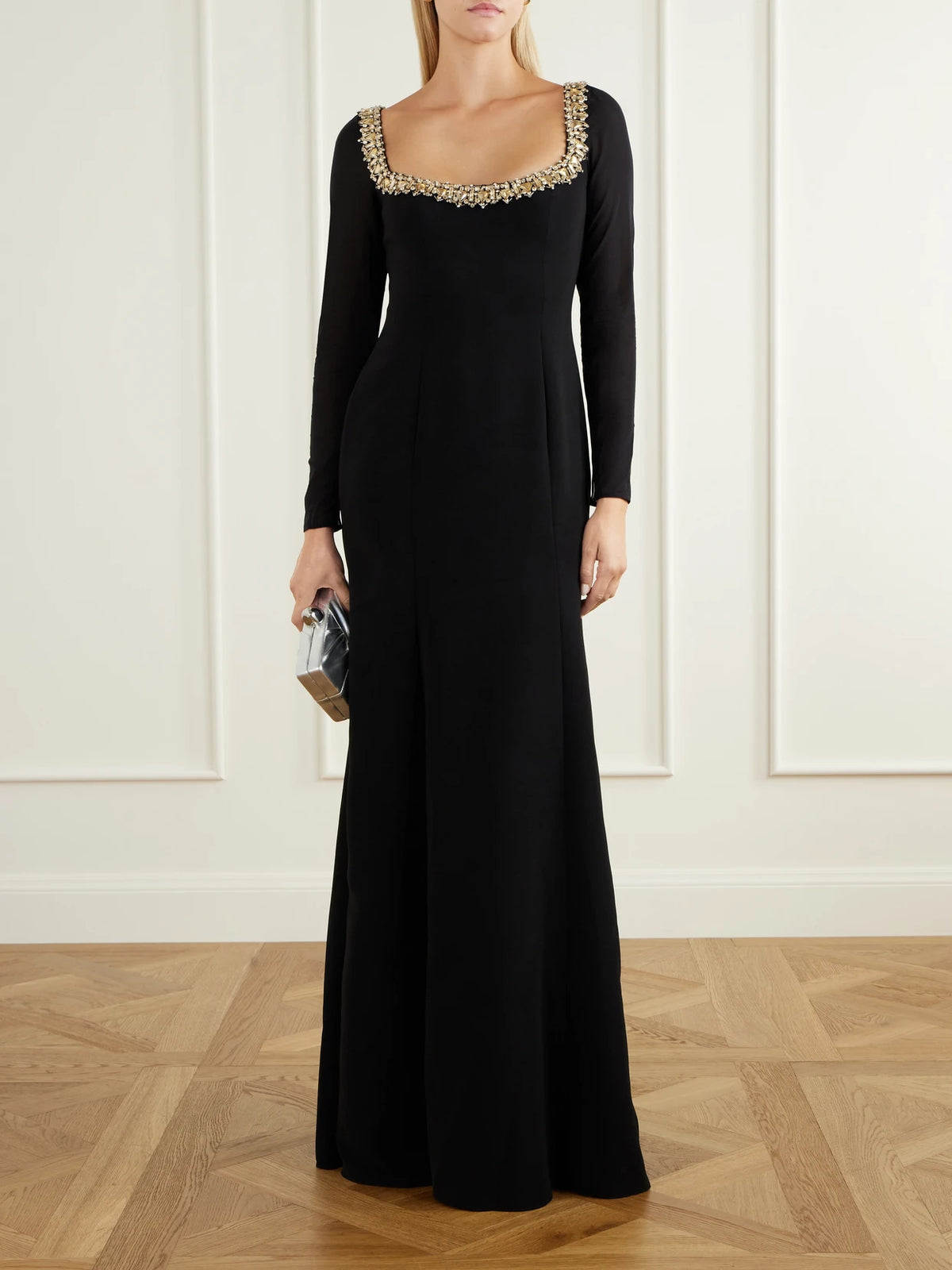 Image of Dresses. Product name - Jamilia Crystal-embellished Crepe Gown in Black colour by brand - Jenny Packham
