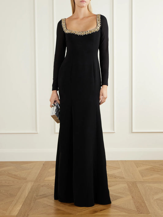 Image of Dresses. Product name - Jamilia Crystal-embellished Crepe Gown in Black colour by brand - Jenny Packham
