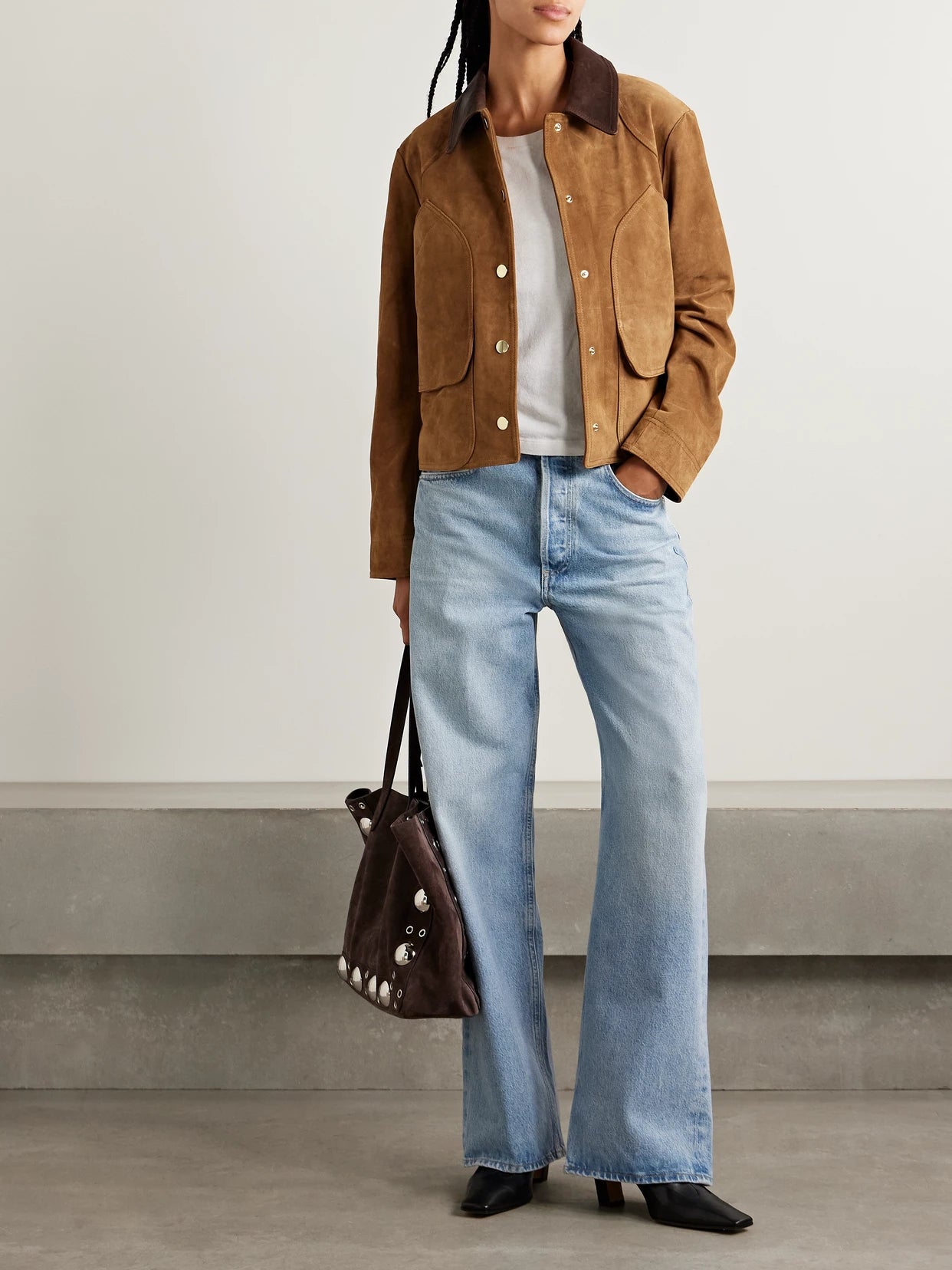 Image of Coats & Jackets. Product name - Walters Leather-trimmed Suede Jacket in Brown colour by brand - Veronica Beard