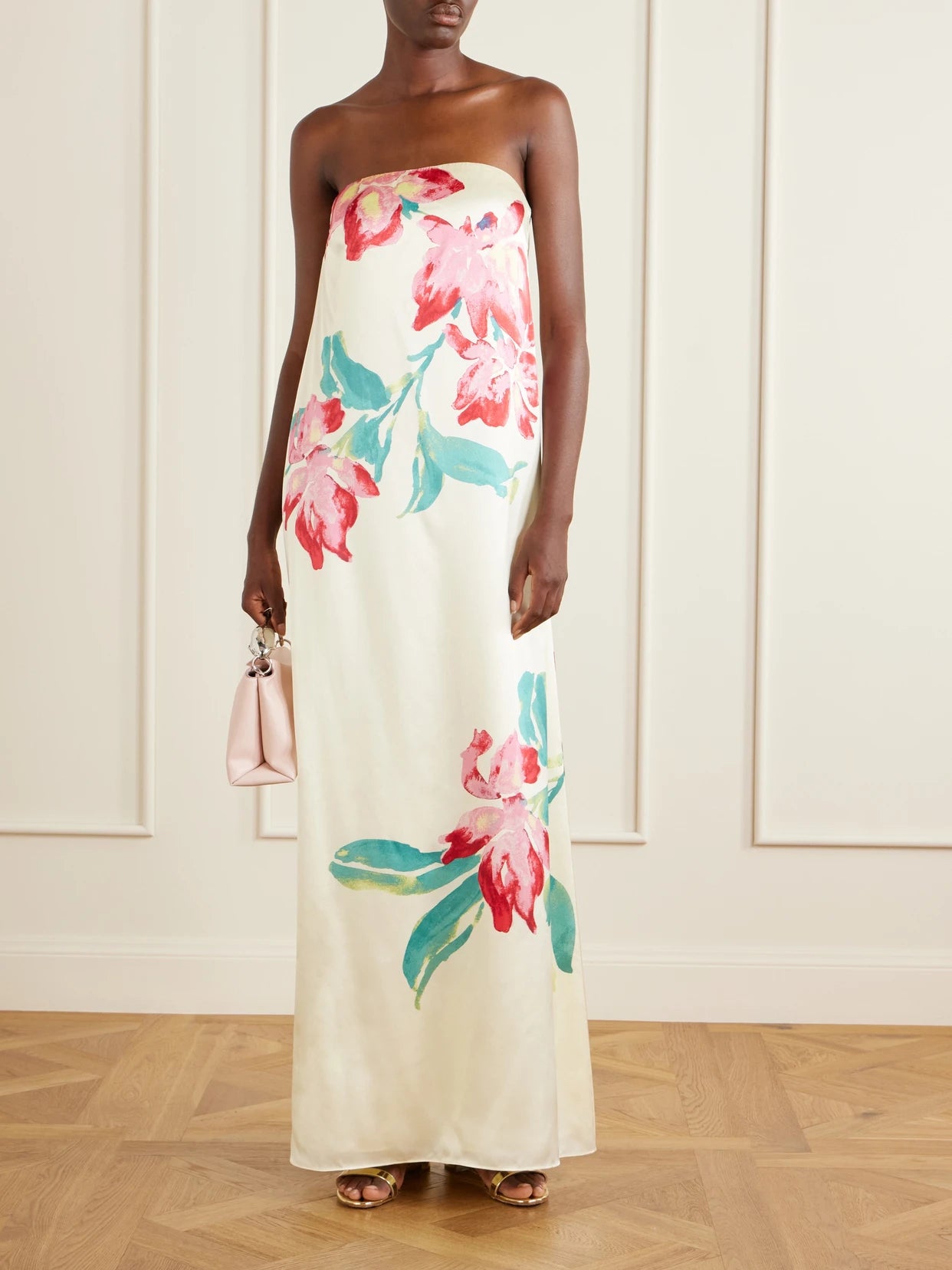 Image of Dresses. Product name - Sunblush Bloom Floral-print Silk Gown in Pastel yellow colour by brand - Rebecca Vallance