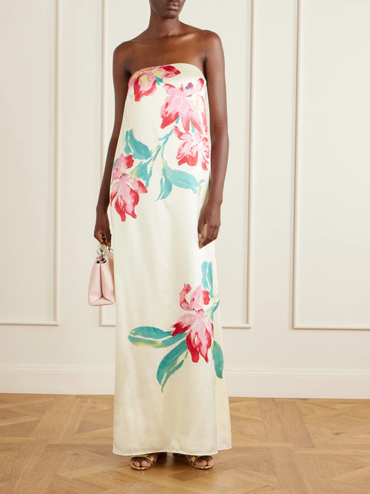 Image of Dresses. Product name - Sunblush Bloom Floral-print Silk Gown in Pastel yellow colour by brand - Rebecca Vallance