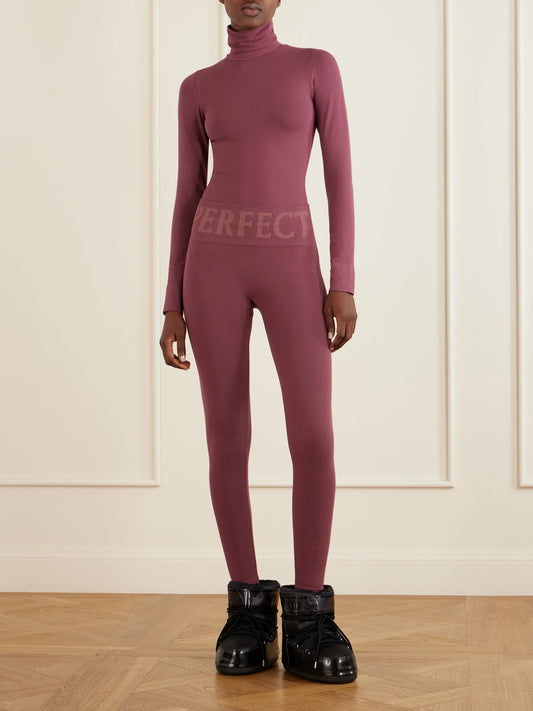 Image of a model wearing Pants. Product name - Logo-embroidered Thermal Modal-blend Jersey Ski Leggings in Multi colour by brand - Perfect Moment