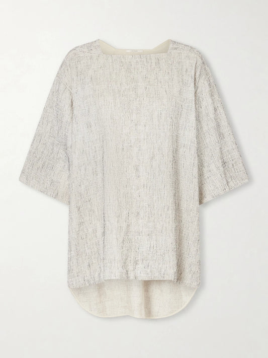 Image of a model wearing Tops. Product name - Hamza Oversized Linen And Silk-blend Top in Gray colour by brand - The Row