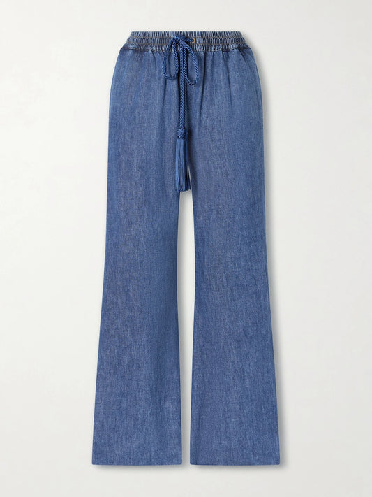 Image of Jeans. Product name - Tasseled High-rise Bootcut Jeans in Dark denim colour by brand - Valentino Garavani