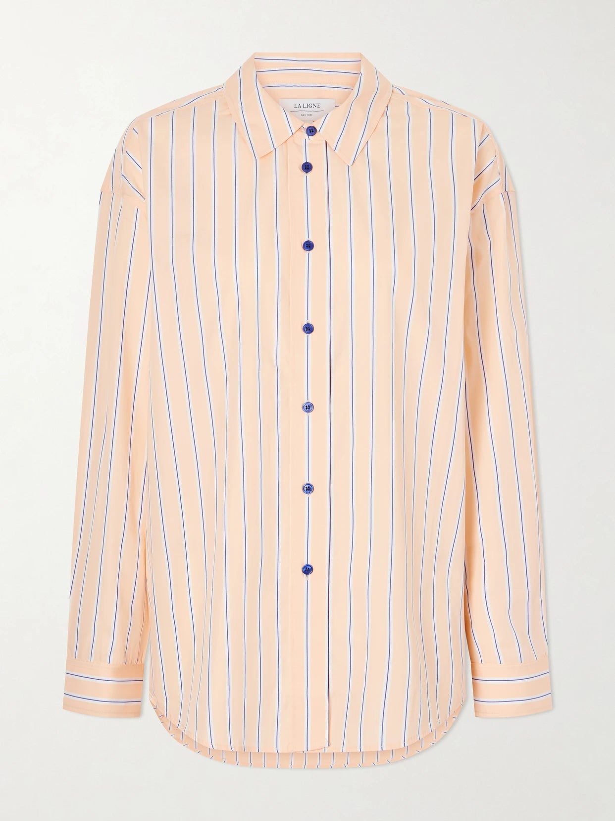 Image of a model wearing Tops. Product name - Striped Cotton-poplin Shirt in Off-white colour by brand - La Ligne