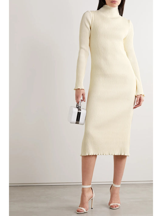 Image of Dresses. Product name - Adrienne Open-back Plissé Stretch-satin Midi Dress in Off-white colour by brand - Danielle Frankel