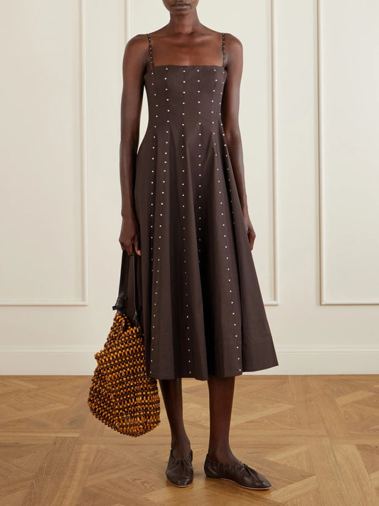 Image of Dresses. Product name - Wylie Embellished Paneled Cotton-blend Poplin Midi Dress in Brown colour by brand - STAUD