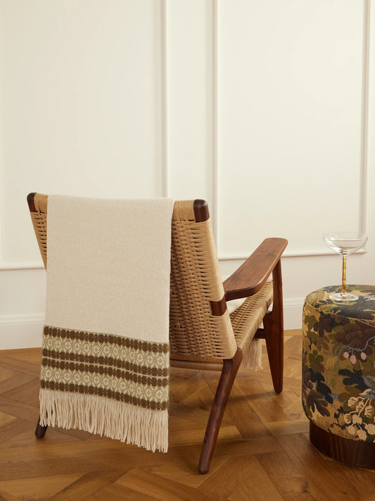 Image of Decor. Product name - Belize Fringed Striped Wool And Cashmere-blend Throw in Ivory colour by brand - The House of Lyria