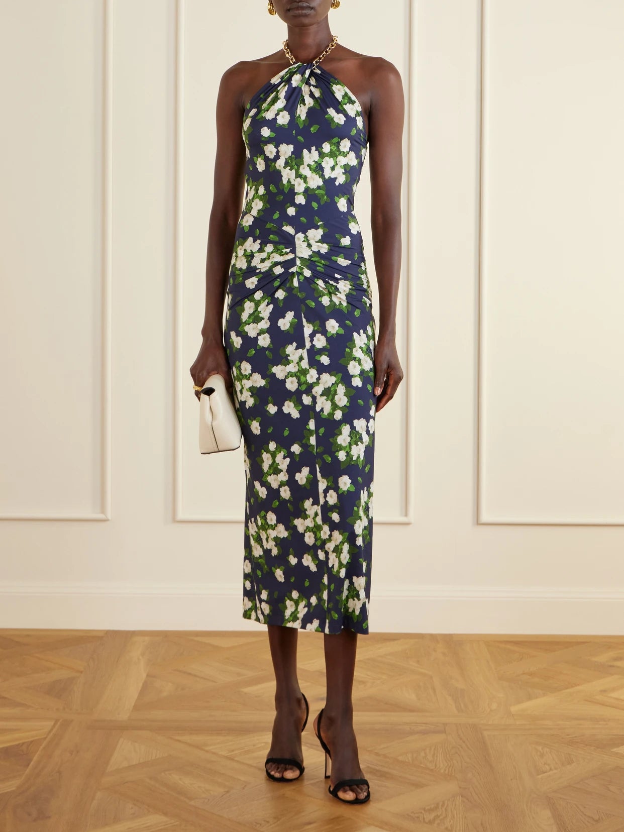 Image of Dresses. Product name - Floral-print Embellished Satin Halterneck Midi Dress in Navy colour by brand - Carolina Herrera