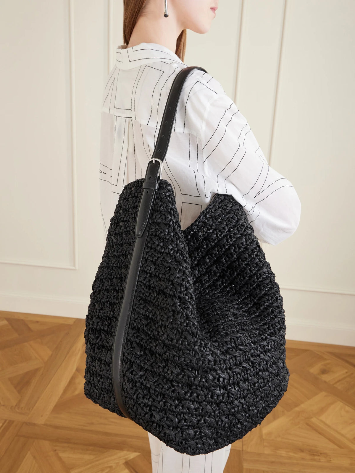 Image of Bags. Product name - Belted Raffia Tote in Black colour by brand - TOTEME
