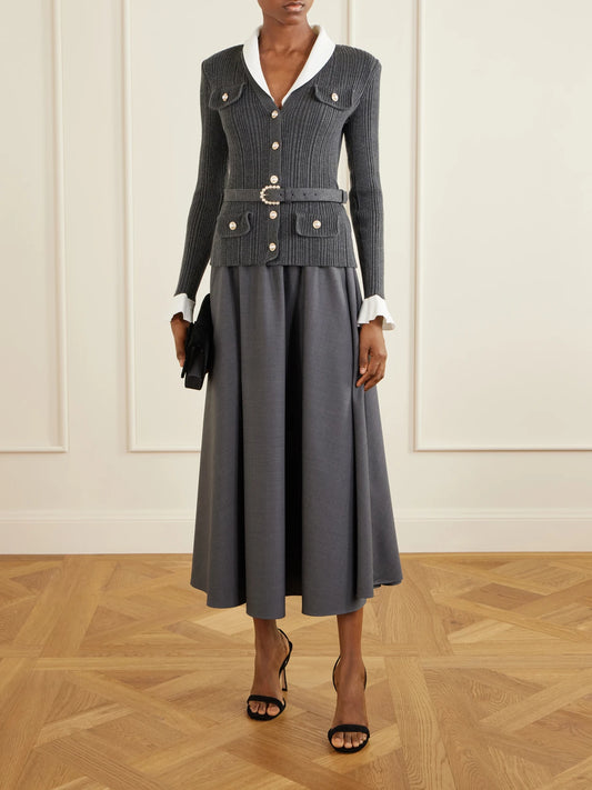 Belted Embellished Ribbed-knit And Twill Midi Dress