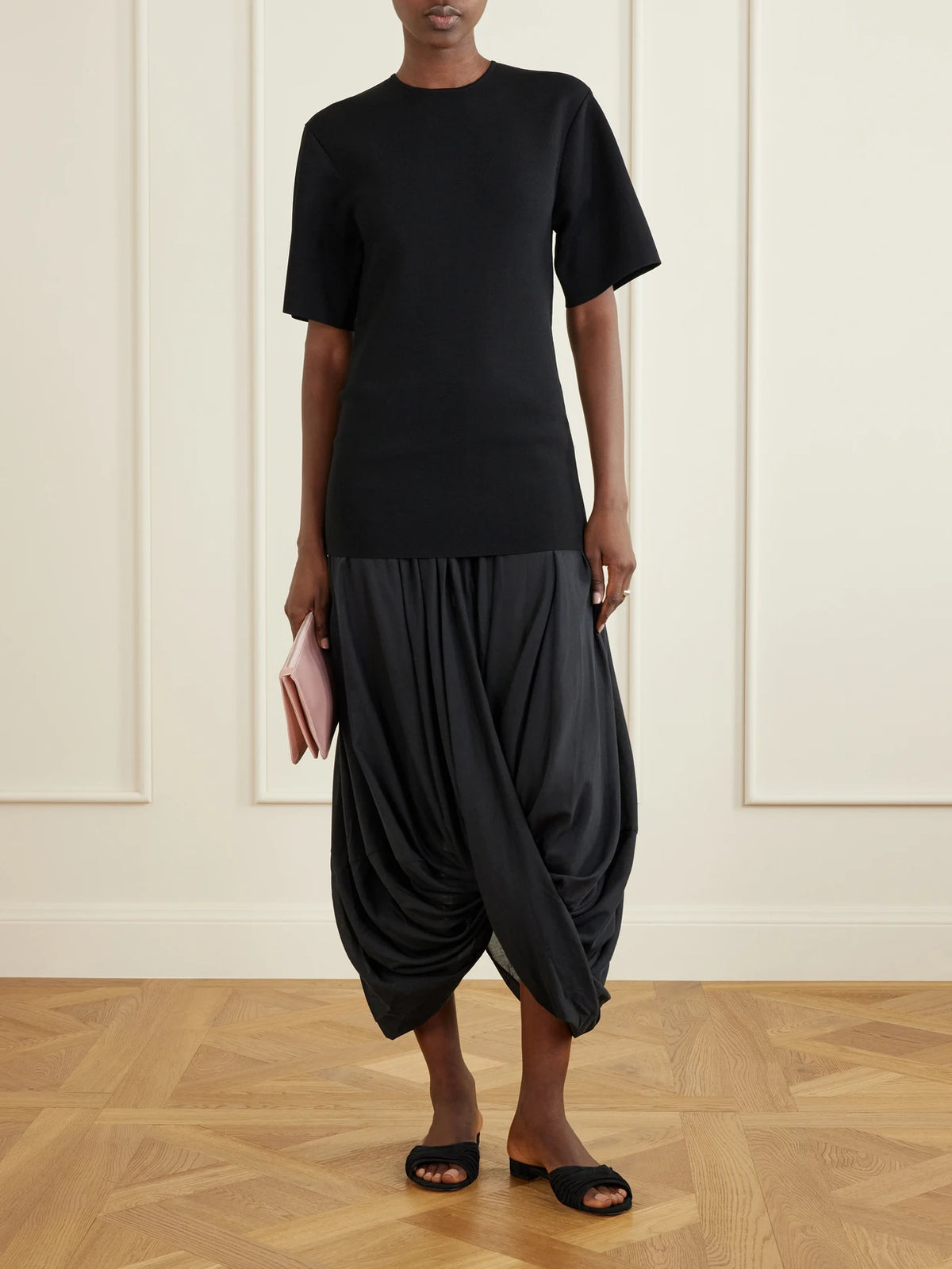 Image of Dresses. Product name - Cocoon Draped Voile-paneled Knitted Midi Dress in Black colour by brand - TOTEME