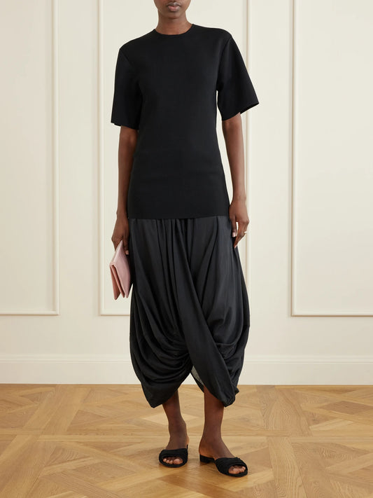 Image of Dresses. Product name - Cocoon Draped Voile-paneled Knitted Midi Dress in Black colour by brand - TOTEME