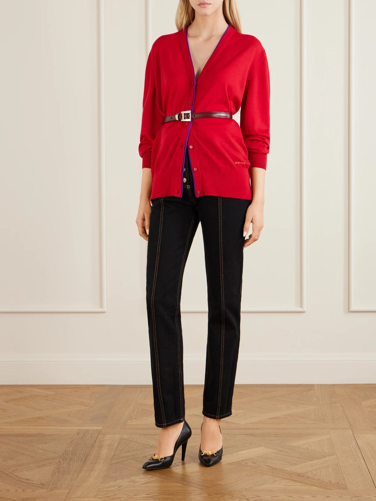 Image of a model wearing Outerwear. Product name - Wool-blend Cardigan in Purple colour by brand - Versace