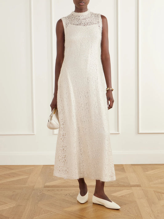 Image of Dresses. Product name - Patmos Open-knit Midi Dress in Sand colour by brand - Ruohan