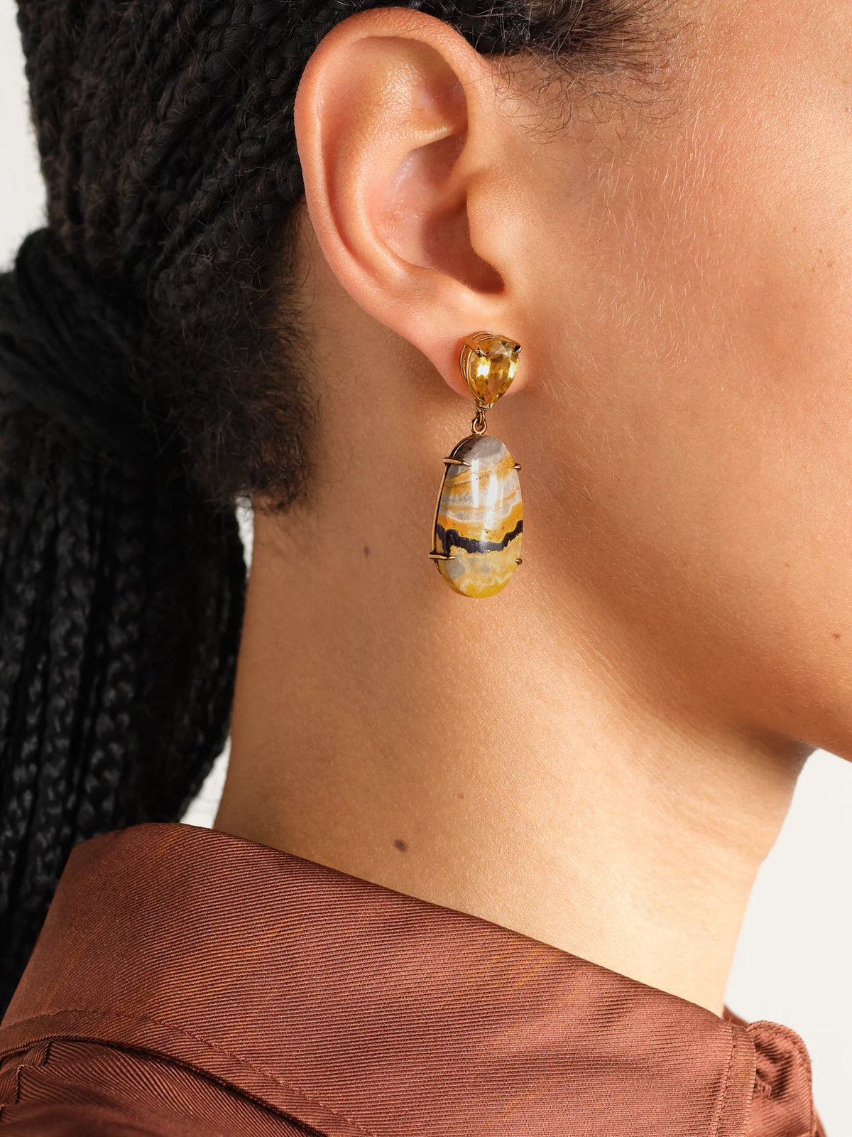 Image of Earrings. Product name - Bumble Bee 14-karat Gold, Citrine And Jasper Earrings in Multi colour by brand - JIA JIA