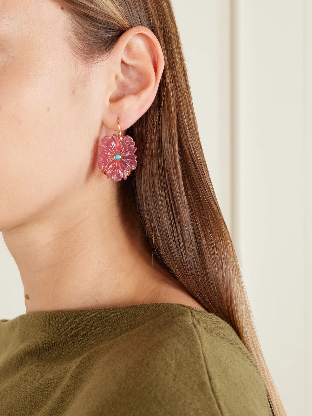 Image of Earrings. Product name - New Bloom Gold-plated, Glass And Turquoise Earrings in Pink colour by brand - Lizzie Fortunato