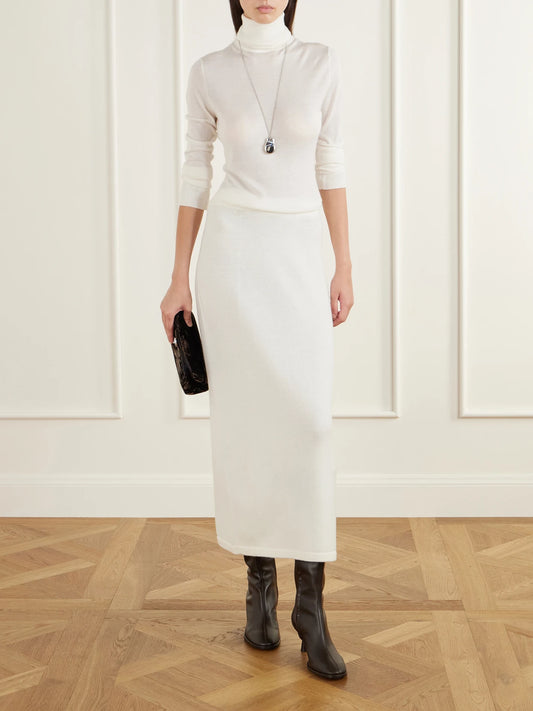 Image of a model wearing Skirts. Product name - Daria Wool And Cashmere-blend Midi Skirt in White colour by brand - THE PARK