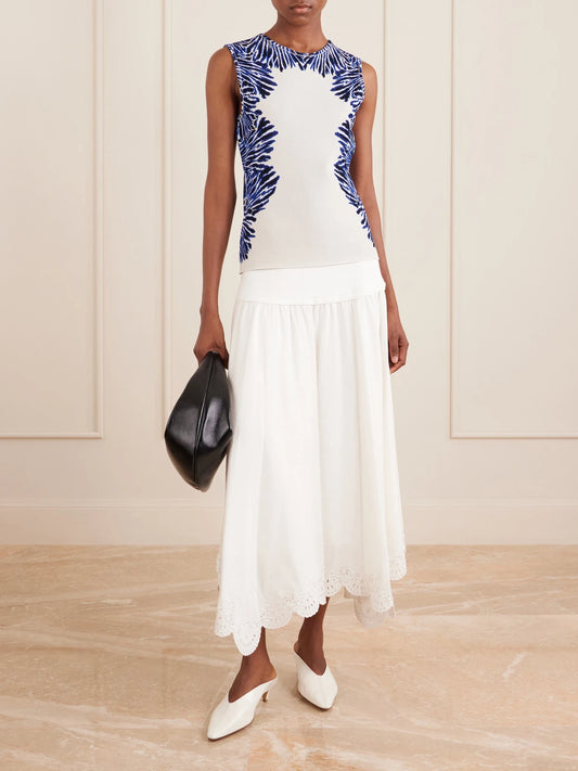 Image of a model wearing Tops. Product name - Aylin Jacquard-knit Tank in Blue colour by brand - Ulla Johnson