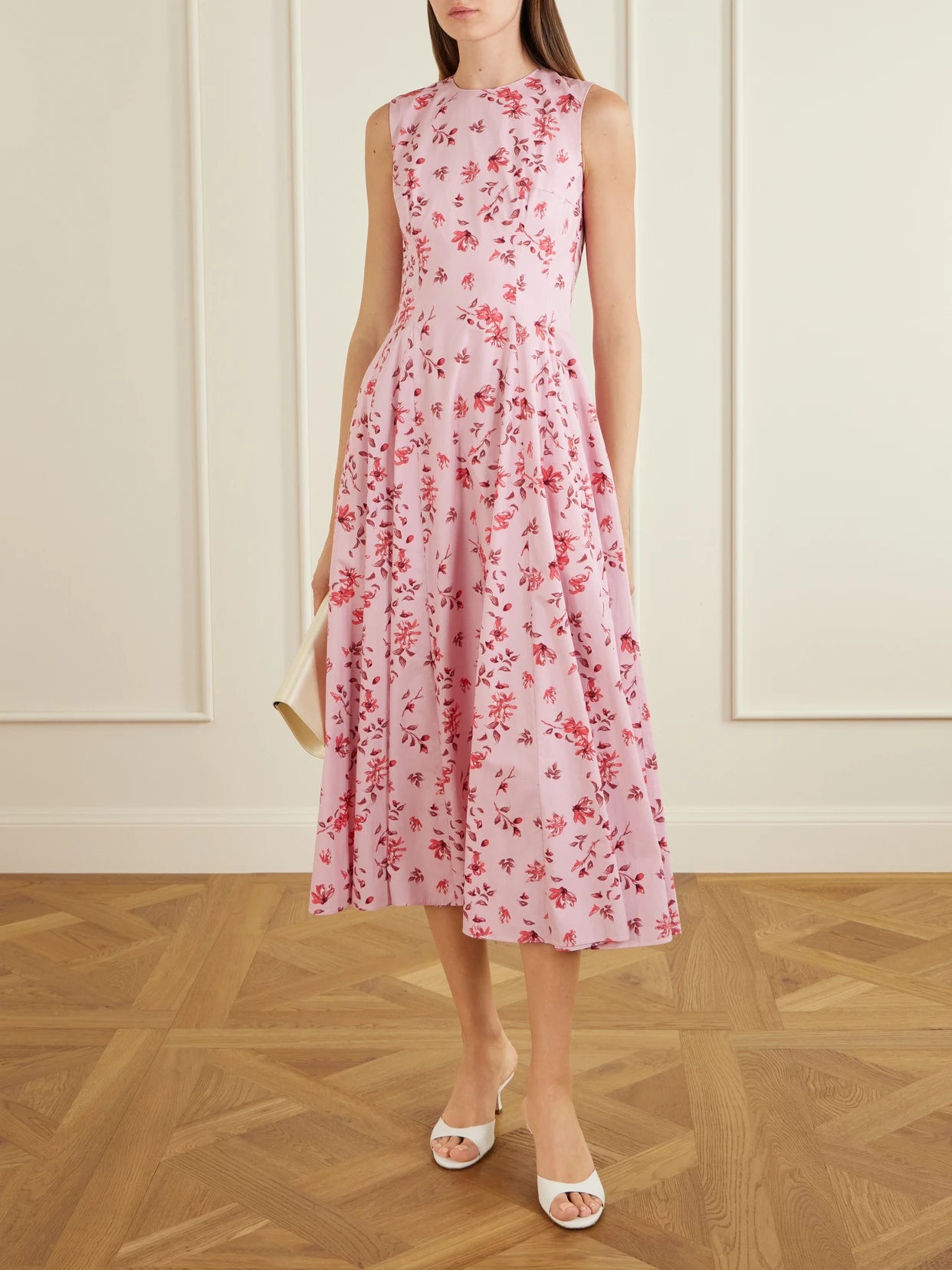 Image of Dresses. Product name - Chelsea Pleated Floral-print Organic Cotton-poplin Midi Dress in Baby pink colour by brand - Emilia Wickstead