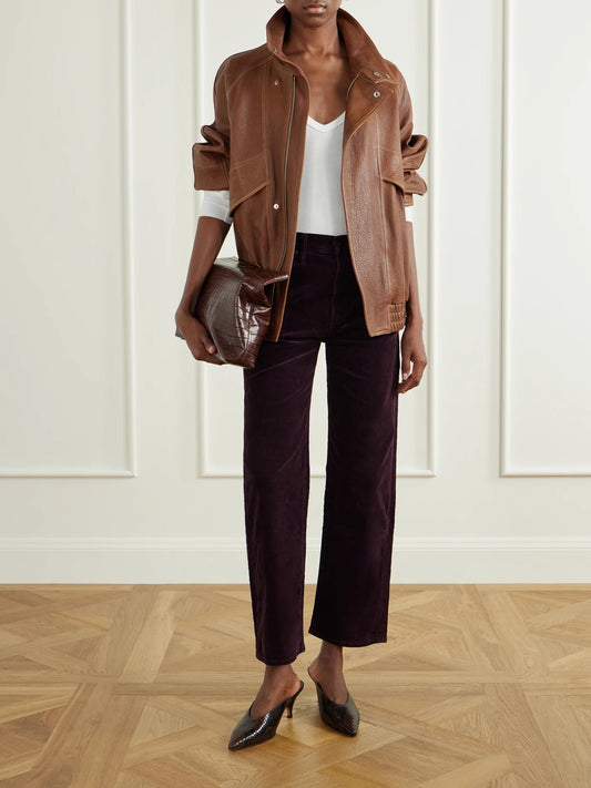 Image of a model wearing Pants. Product name - Palma Straight Cotton-blend Corduroy Straight-leg Pants in Burgundy colour by brand - Citizens of Humanity
