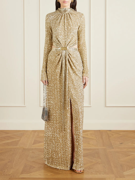 Image of Dresses. Product name - Chainmail-trimmed Cutout Sequined Tulle Gown in Gold colour by brand - RABANNE