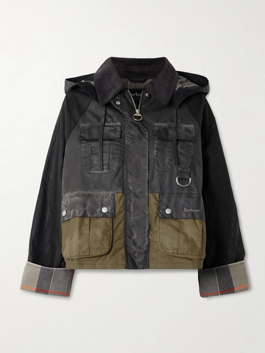 Image of Coats & Jackets. Product name - Liza Hooded Paneled Waxed-cotton Jacket in Black colour by brand - Barbour