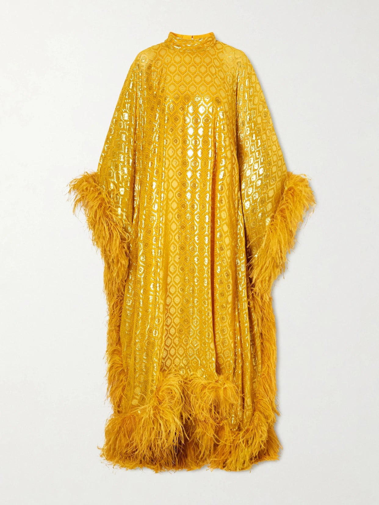 Casta Diva Feather-trimmed Jacquard-knit Metallic Fil Coupé Silk-blend Gown