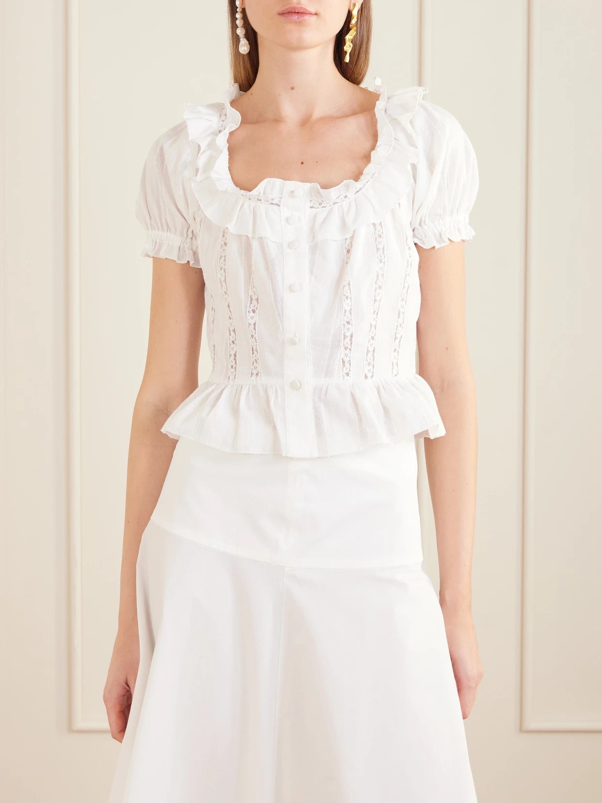 Terracina Ruffled Lace-trimmed Cotton-poplin Blouse