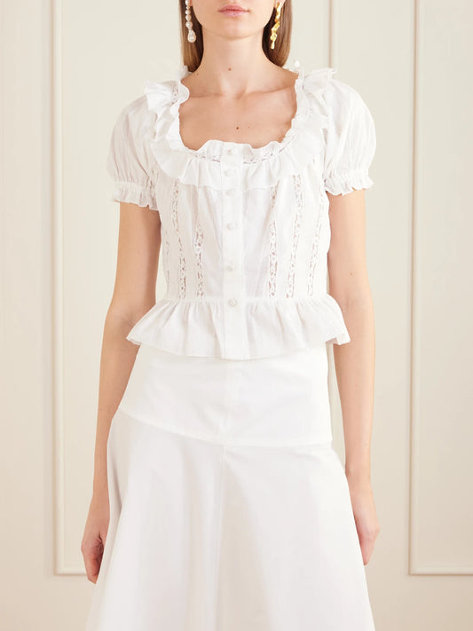 Terracina Ruffled Lace-trimmed Cotton-poplin Blouse