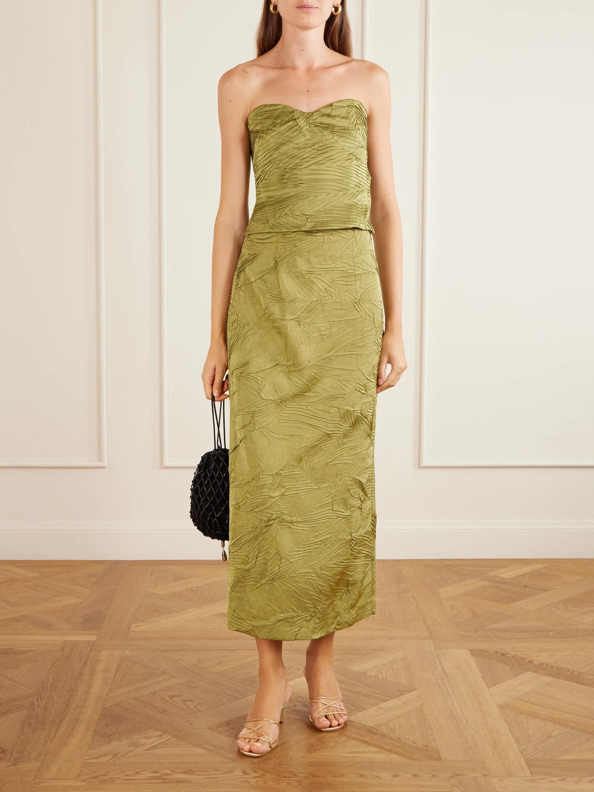 Image of Outfit Sets. Product name - Heleen Cropped Satin Tank in Green, Black colour by brand - Ulla Johnson