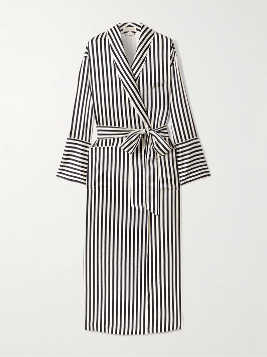Image of Lingerie. Product name - Nika Belted Striped Silk-satin Robe in Black colour by brand - Olivia von Halle