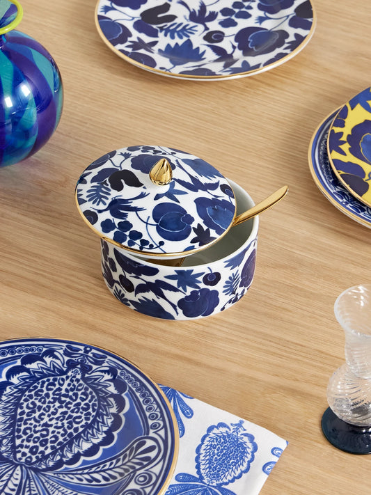 Image of Decor. Product name - Goodie Gold-plated Porcelain Jar in Blue colour by brand - La DoubleJ