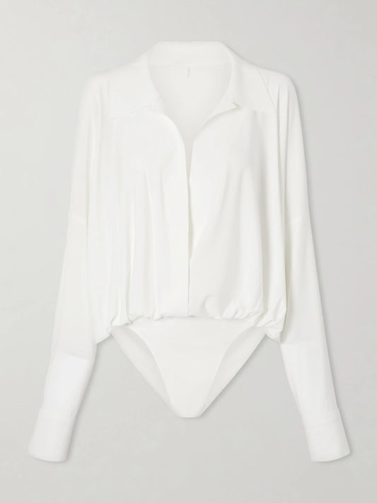 Image of a model wearing Tops. Product name - Jersey Bodysuit in White colour by brand - Norma Kamali