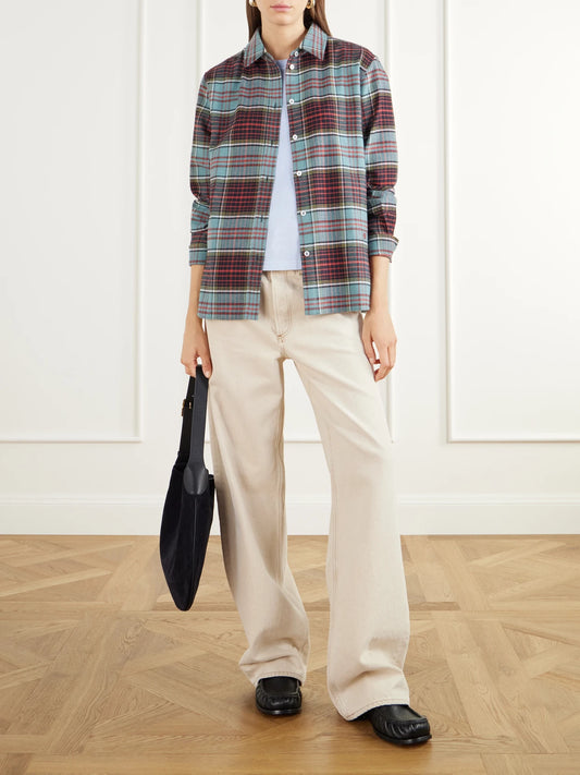 Image of a model wearing Tops. Product name - Jasper Checked Logo-embroidered Cotton-flannel Shirt in Sage green colour by brand - HIGH SPORT