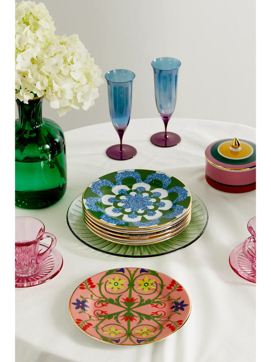 Image of Tableware. Product name - Set Of Six 20cm Gold-plated Porcelain Dessert Plates in Green colour by brand - La DoubleJ