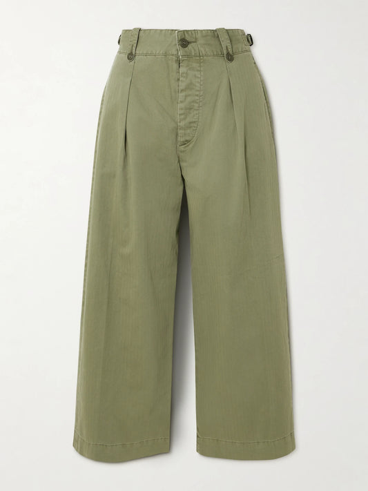 Image of a model wearing Pants. Product name - Kyle Pleated Herringone Cotton Wide-leg Pants in Army green colour by brand - RRL