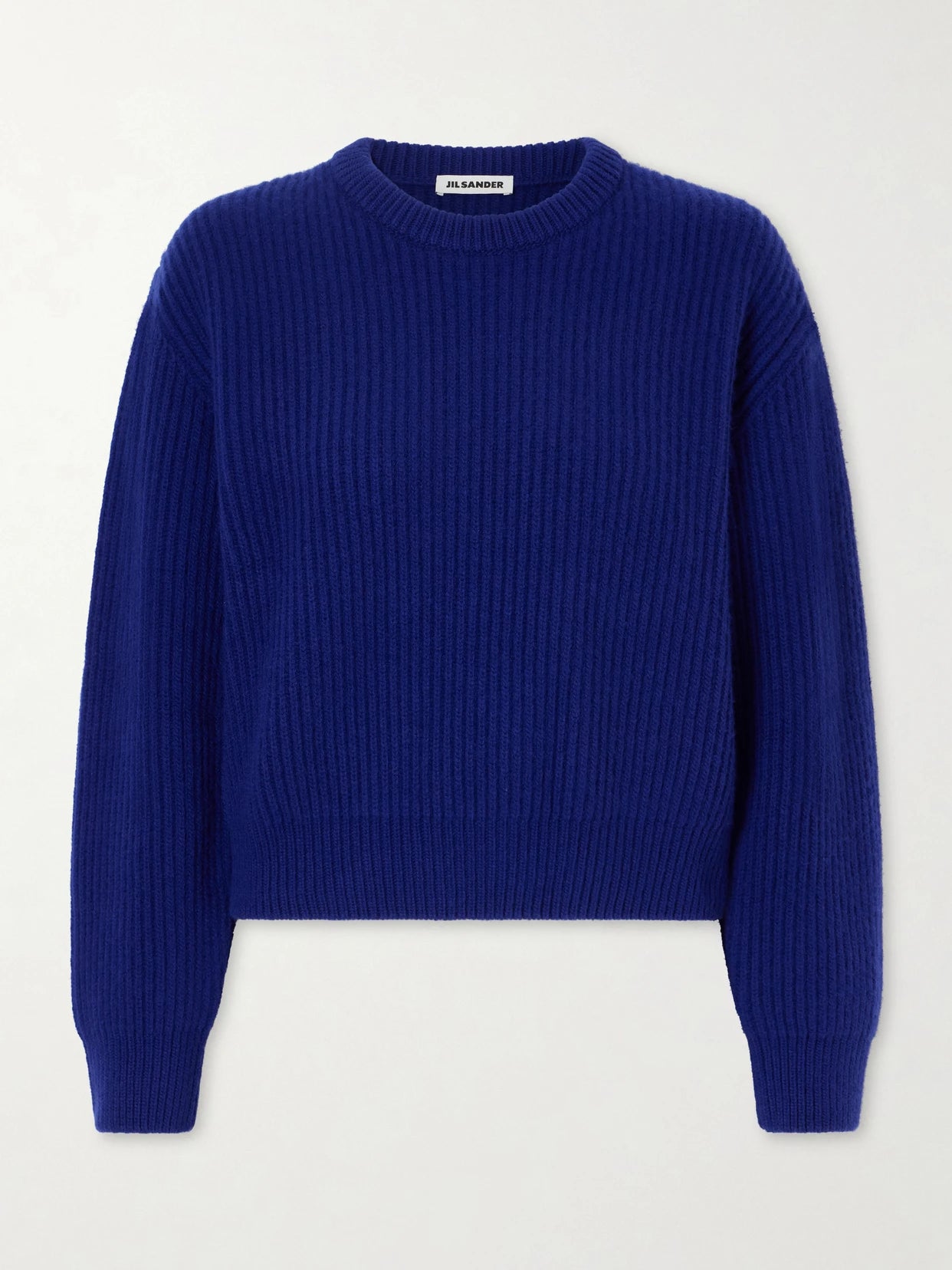 Image of a model wearing Outerwear. Product name - Ribbed-knit Wool Sweater in Cobalt blue colour by brand - Jil Sander