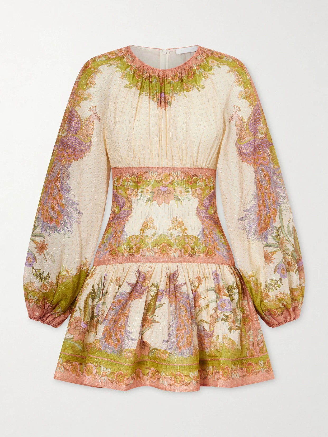 Indra Gathered Floral-print Metallic Cotton And Silk-blend Chartreuse Mini Dress