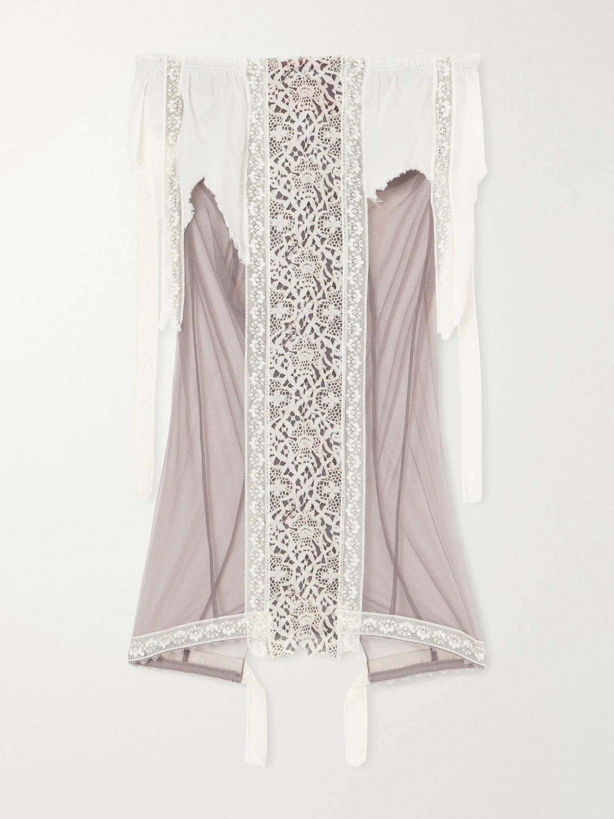 Image of a model wearing Skirts. Product name - Past Edges Lace-trimmed Mesh Midi Skirt in Gray colour by brand - Dilara Findikoglu